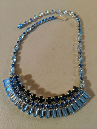 Vintage Signed Kramer Ny Clear & Cobalt Baby Blue Rhinestone Art Deco Necklace