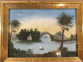 2 Real 19thc Antique 1840s American Folk Art Pastel Painting Water Gilt Frame