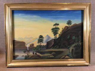 Real 19thc Antique 1840s American Folk Art Pastel Painting Water Gilt Frame