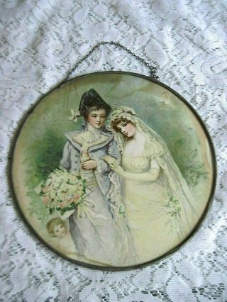 Vintage Victorian 9 " Flue Cover With Chain Young Bride & Groom