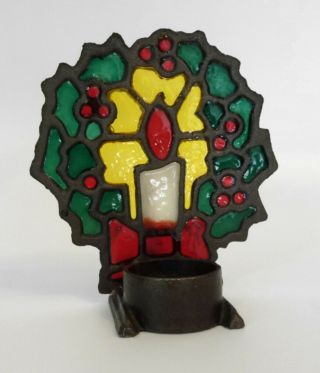 Stained Glass Christmas Candle Holder Wreath Candle Cast Iron Taiwan Votive Vtg