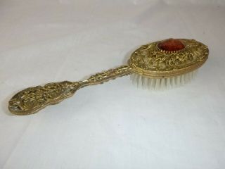 Vtg Ormolu Gold Tone Filigree W/ Amber Colored Faceted Jewel Hairbrush Brush