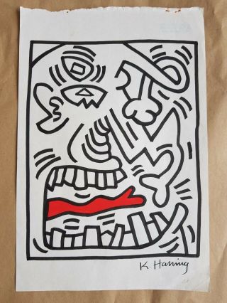 Vintage & Rare Keith Haring Drawing On Paper Signer & Stamper