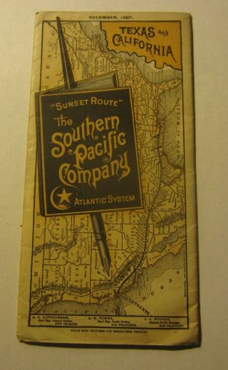 Old Antique 1887 - Southern Pacific Railroad - Map And Time Tables Sunset Route