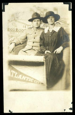 Vintage Real Photo Postcard Rppc Wwi Military Souvenir Photo Atlantic City Brdwk