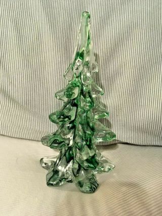 Vintage Christmas Tree Crystal Art Glass Hand Made 6 " Clear & Green Holiday