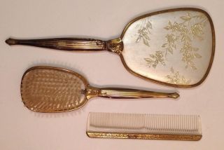 (3) Vintage Gold Tone Metal Floral Vanity Mirror Brush Comb Make Up Set