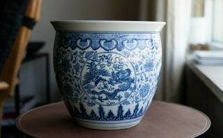 Large Antique Chinese Blue White Porcelain Planter Pot Jardiniere Dragon Vase