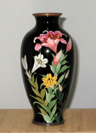 Signed Adachi Kinjiro Fine Meiji Japanese Cloisonne Enamel Vase - Tiger Lillies