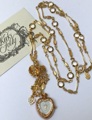 Vintage Kirks Folly Angel Star Rhinestone Heart Watch Necklace - Orig Box