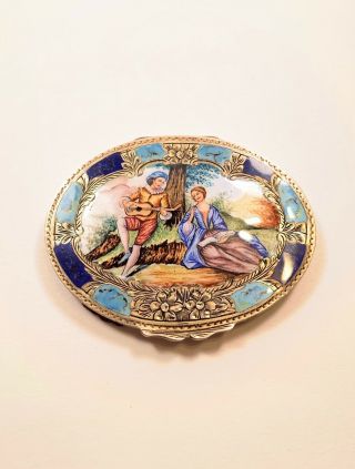 Antique 800 Silver Enamel Hand Painting Powder Compact Case