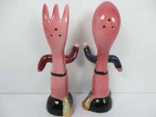 Fork and Spoon Couple Salt and Pepper Shaker Set Japan Anthropomorphic Vintage 2