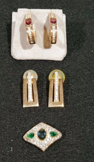 Vintage Signed Panetta Rhinestone 2 Pairs Earrings & 1 Scarf Clip
