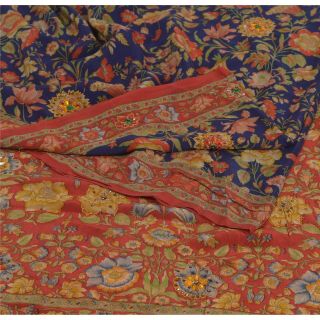 Sanskriti Vintage Blue Saree Pure Crepe Silk Printed Fabric 5yd Craft Sari