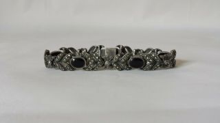 Vintage Sterling Silver 925 Marcasite Onyx Fancy Link Bracelet 6.  75 " Estate Find
