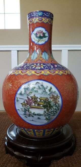 Vintage Chinese Ceramic Porcelain Vases Hand Painted Red With Multiple Colors.