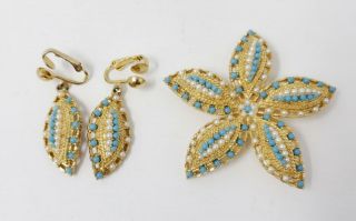 Vintage Sarah Coventry Gold Tone Faux Turquoise Pearl Starfish Brooch Earrings
