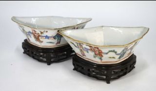 Pair Chinese Porcelain Famille Rose Bowl With Hardwood Stand 19th