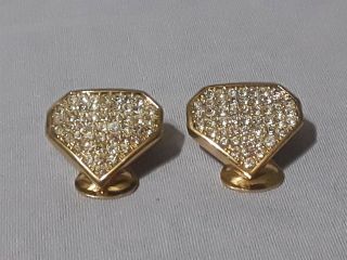 Vintage Signed Christian Dior Clip On Earrings Gold Tone Clear Rhinestones