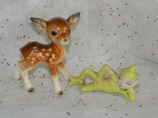 Vtg Christmas Green Elf Gilner? Pixie &goebel Deer Fawn Ceramic Figurines 