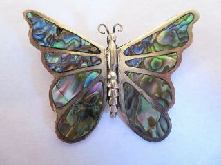 Vintage Signed Mexican Sterling Silver Abalone Inlaid Large Butterfly Brooch Pin