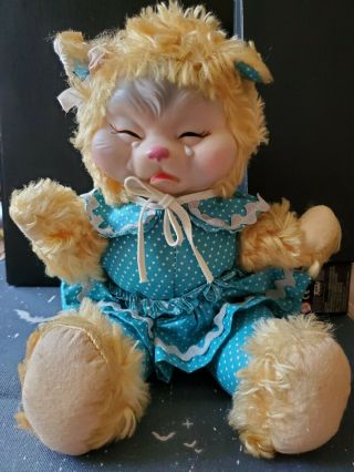 Vintage Rushton Rubber Face Crying Teddy Bear 13 " Blue Dress & Flower Atlanta Ga
