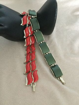 Two Vintage Plastic Insert Thermoset Bracelets Army Green Tile Red Wave