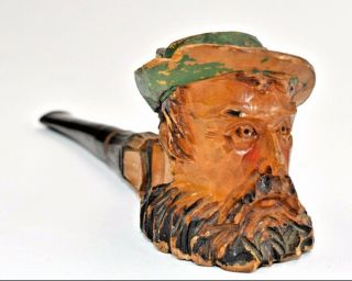 Vintage Wood Hand Carved Bearded Old Man With Green Hat Smoking Pipe Folk Art
