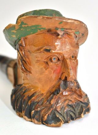 Vintage Wood Hand Carved Bearded Old Man With Green Hat Smoking Pipe Folk Art 2