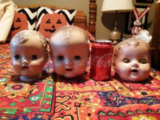 Three Creepy Vintage Doll Heads - Halloween Horror - Tin Eyes Composition