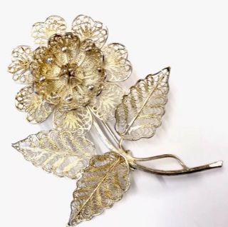 Vintage Ornate Large 925 Silver Filigree Flower Brooch - Gift Boxed
