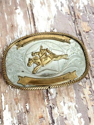 Vintage German Silver Western Cowboy Rodeo Bronco Belt Buckle Bx1