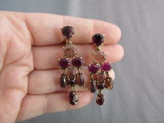 Vintage Monet Gold Tone Purple Brown Rhinestone Dangle Clipback Earrings