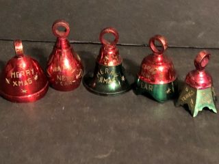 5 Vintage Christmas Year Cast Heavy Metal Green Red Bell Bells Ornaments