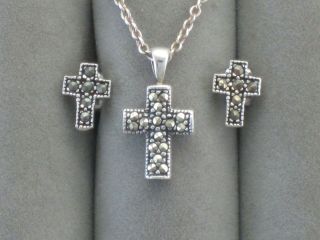 Vtg Sterling Silver Marcasites Cross Pendant Necklace & Earrings Set Petite