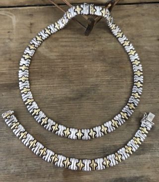 Wide Vintage Sterling Silver & Gold Plate Chain Necklace & Bracelet Set