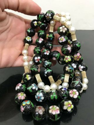 Vtg Chinese Export Cloisonné Black Floral Beaded Necklace 36”