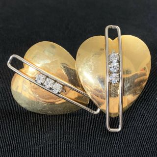 Vtg 80’s Big Rhinestone Gold Tone Heart Clip Earrings Runway Two Tone Prong 2”