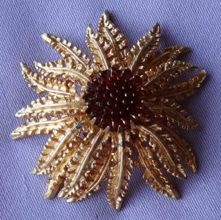 Vintage Amber Stone Sunflower Brooch By Sarah Coventry