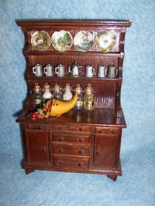 Vintage Dollhouse Furniture - Wooden Kitchen Cupboard With Accessories