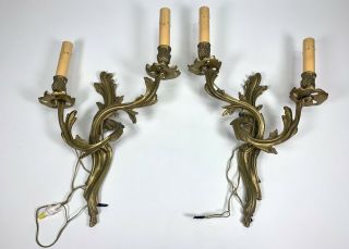 Antique Pair French Rococo Bronze Wall Sconces Candelabras Candle Light Bulb Set