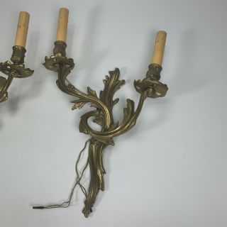 Antique Pair French Rococo Bronze Wall Sconces Candelabras Candle Light Bulb Set 2