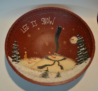 Primitive Vintage Hand Painted Decor Wood Bowl Christmas Snowman " Let It Snow "