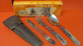 Vintage Boy Scouts 3 In 1 Stainless Vitt - L - Kit Knife Fork Spoon W/box