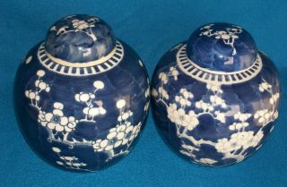 Pair Antique Chinese Porcelain Ginger Jars Prunus Kangxi Double Rings Gc