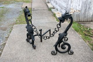 Vintage Wrought Iron Asian - Style Chinese Dragon Fireplace Andirons