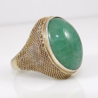 Vtg Antique Chinese Export Mesh Sterling Silver Green Aventurine Ring Ldl3
