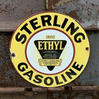 Vintage Old Sterling Gasoline With Ethyl Porcelain Sign Enamel Gas Pump Plate
