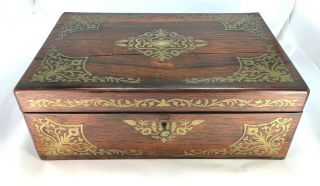 Antique Victorian Traveling Lap Desk With Ornate Brass Inlays & Lock