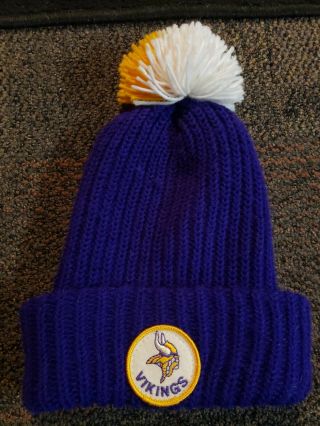 Vintage 70s Nfl Knit Winter Pom Beanie Minnesota Vikings Stocking Cap Patch Hat